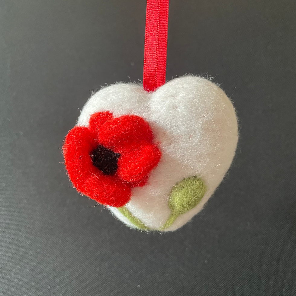 white hanging heart with poppy design
