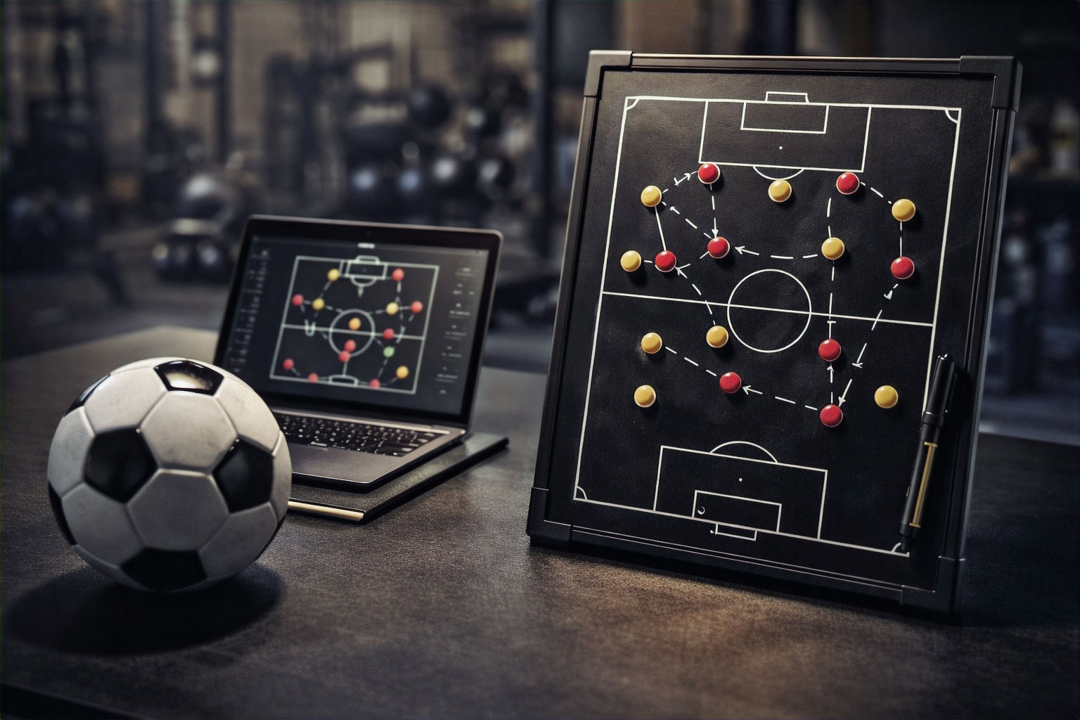 Soccer ball, laptop, and tactical board with strategy