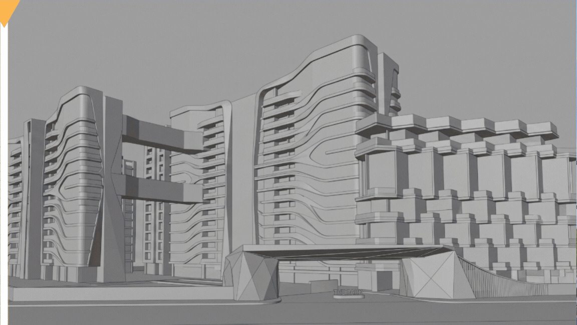 Archviz progression showing realistic 3D rendering, wireframe BIM model of IT park