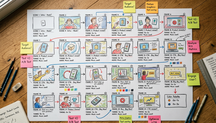 Wide-angle view of a colourful paper storyboard laid on a wooden floor with arrows and frame sketches.