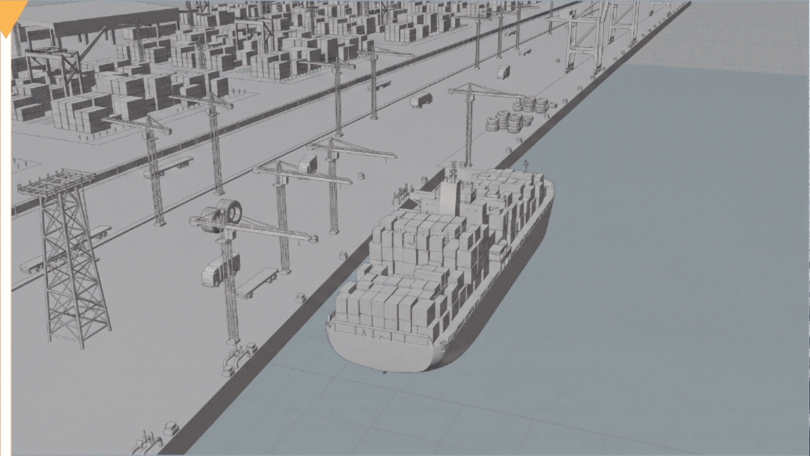 Archviz progression showing realistic 3D rendering, wireframe BIM model,  port construction site with shipping containers and cranes