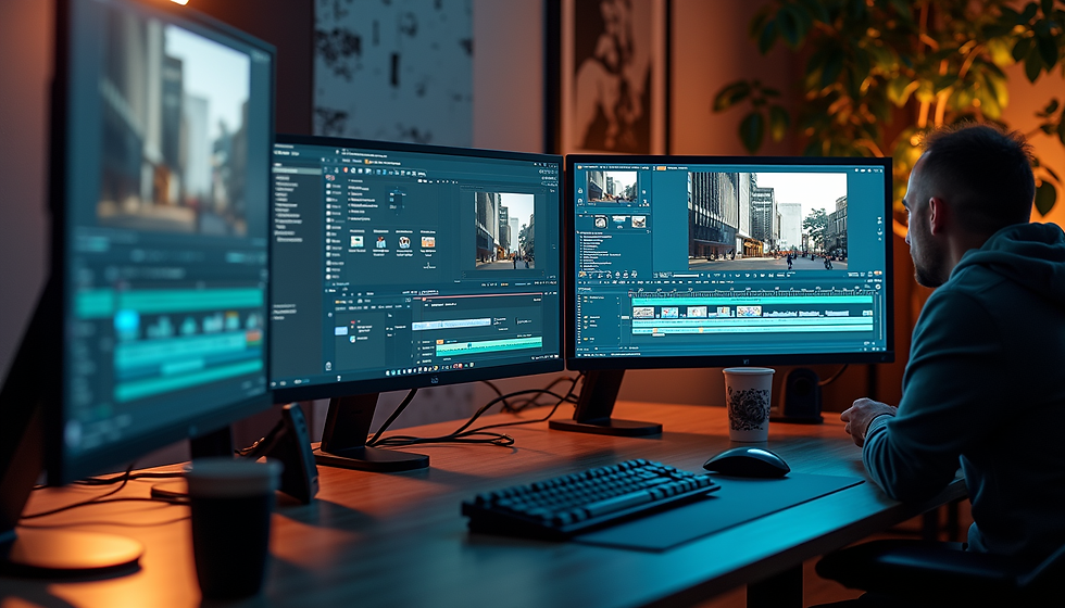 Eye-level view of a video editor's workspace with multiple screens showing short-form video timelines