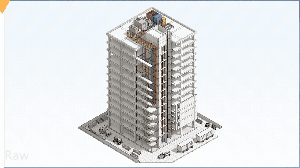 Before and after image of a building (3d archviz)