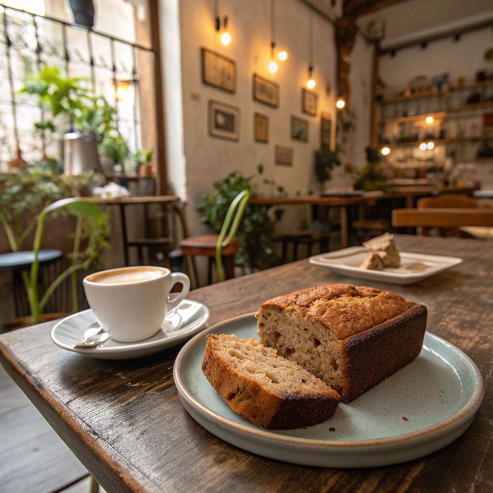 a slice of moist banana bread on a ceramic plate