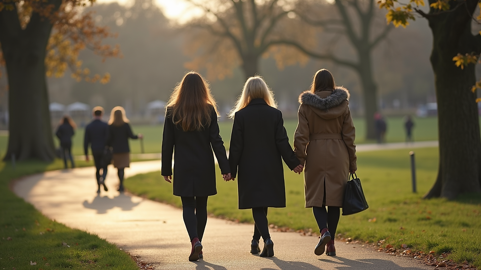 Vue latérale d’un groupe de femmes marchant côte à côte dans un parc parisien