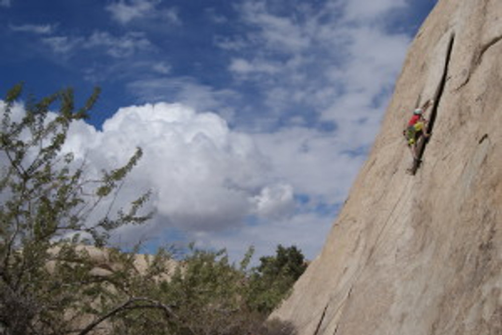 John Martin lay backing on Double Dip (5.6), Joshua's Tree. Photo by Chris Dale