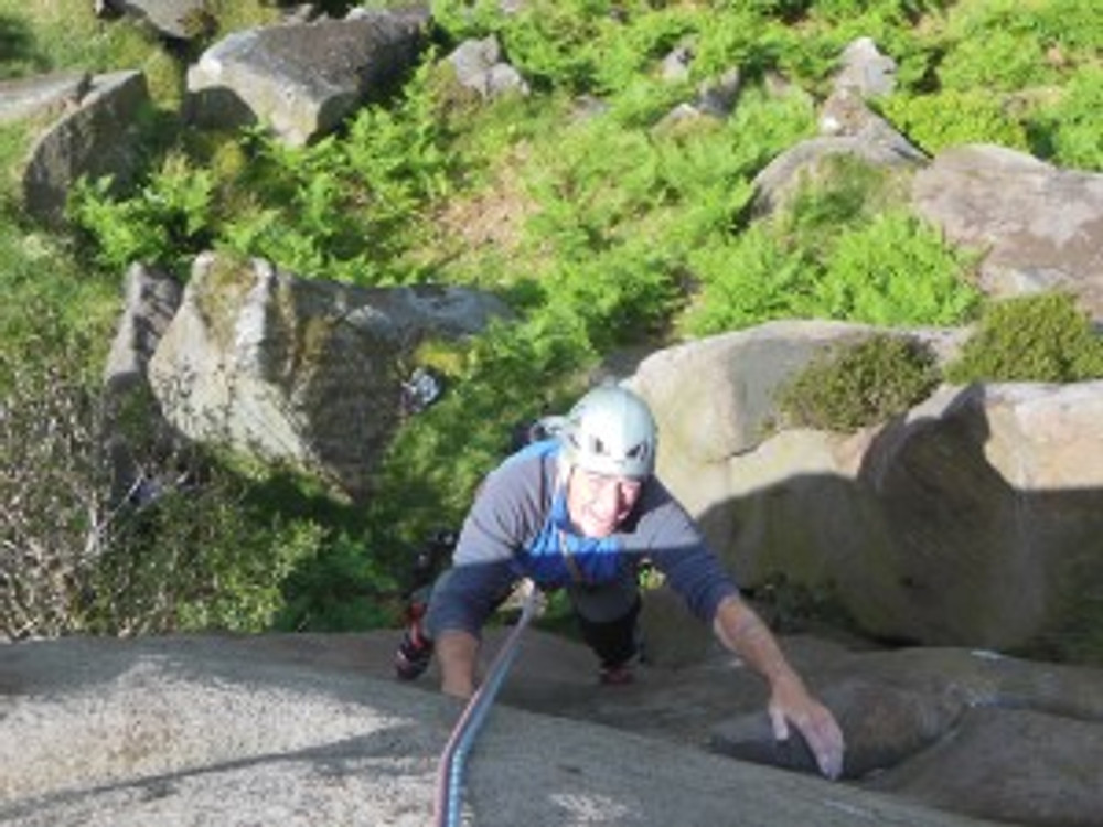 John Martin on Metaphysical Scoop, E4 6a, Nth Cloud, The Roaches. Photo by Andy Clarke