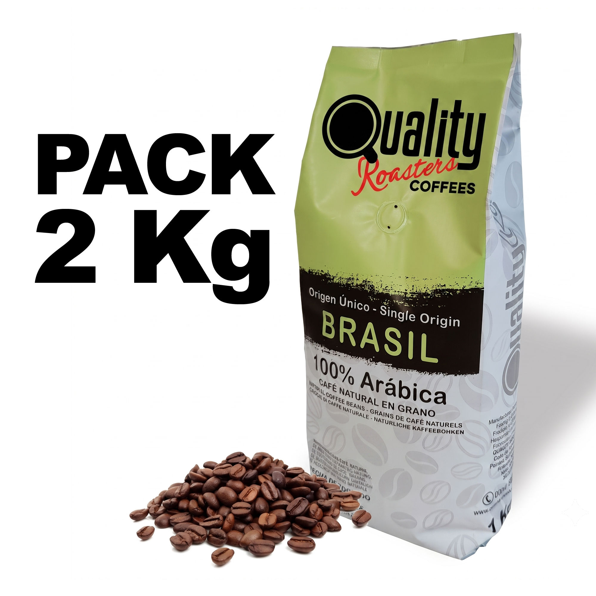 PACK. Café en grano natural. 100% Arabica. Origen Brasil, 2kg. Tostado artes