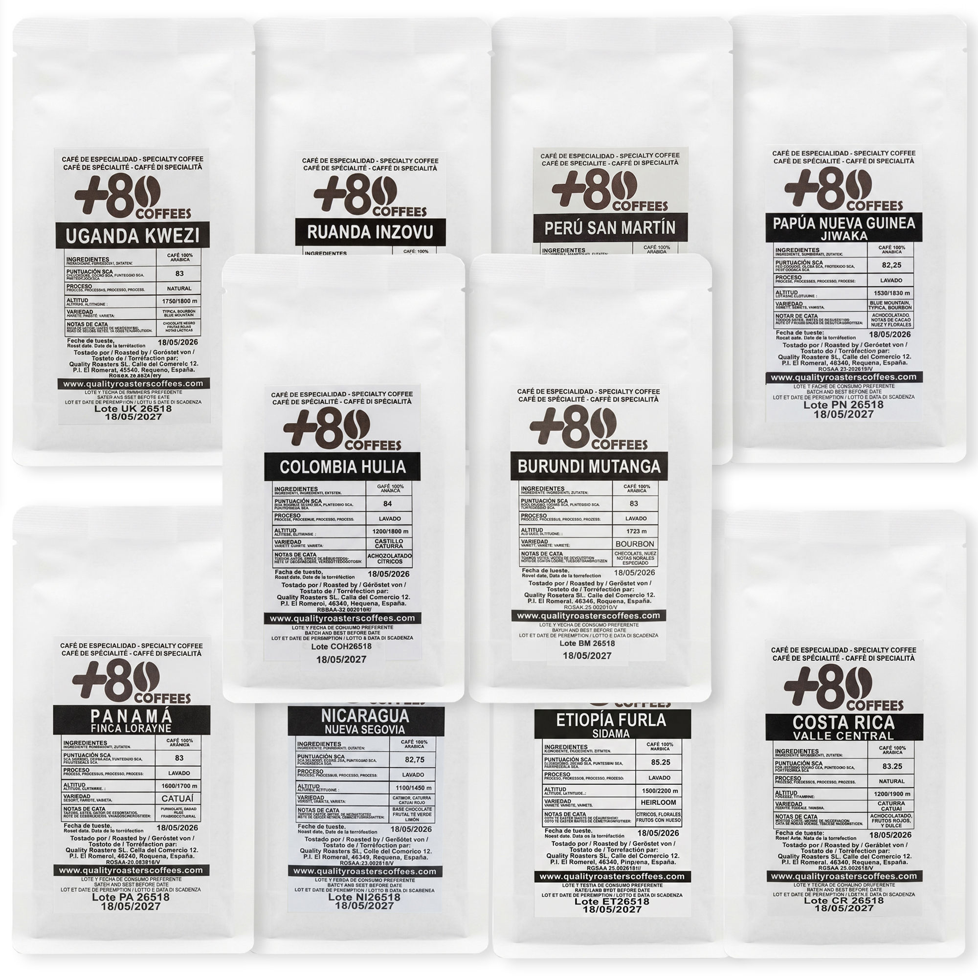 +80 Coffees by Quality Roasters. Pack de 10 paquetes de 100gr. 10 Orígenes.