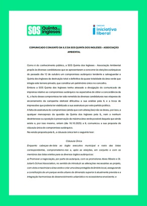 Joint Statement from Iniciativa Liberal and SOS Quinta dos Inglese