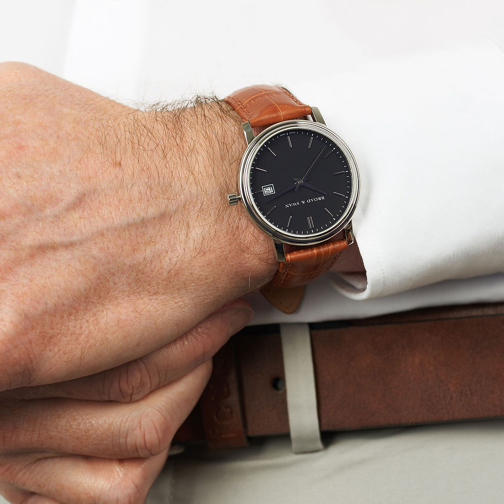 Thumbnail: Versatile fashion watch. Swiss Made Watch. Black Dial. Tan Leather Strap