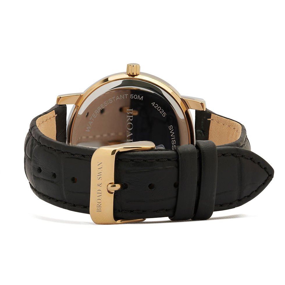 Thumbnail: Ladies and Gents Gold Swiss Made Watch. Gold dial and black leather strap
