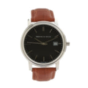 Mens Swiss Made Watch. Black Dial. Tan Leather Strap