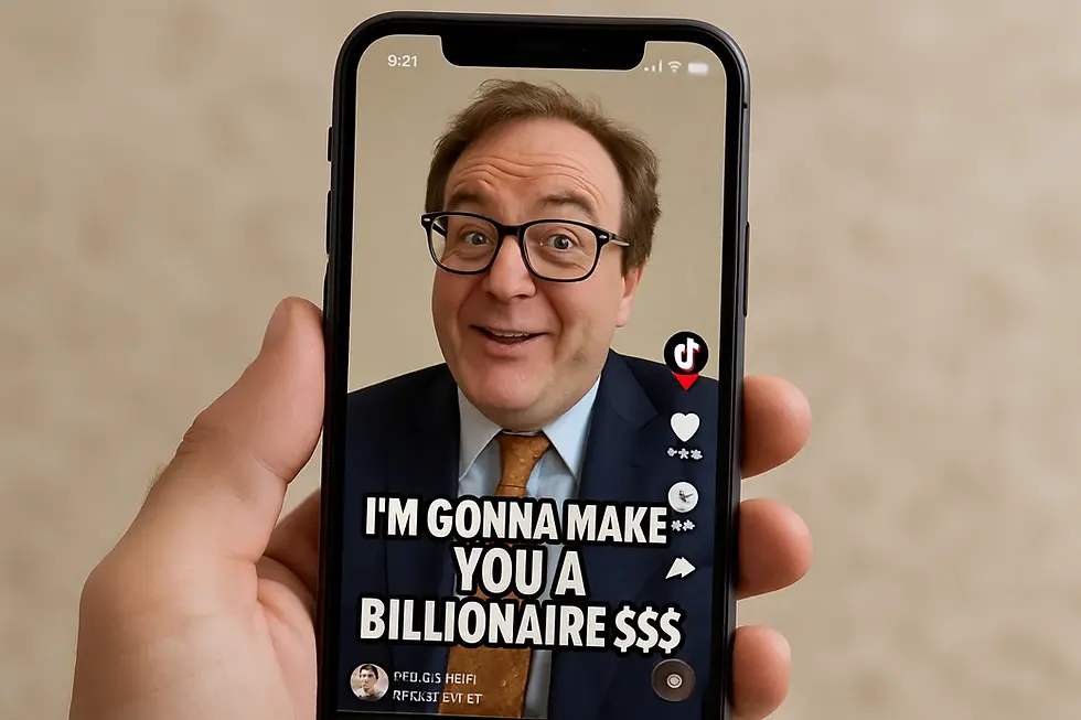 איש מחזיק טלפון ובו סרטון של אדם שרוצה להפוך אותך למיליארדר