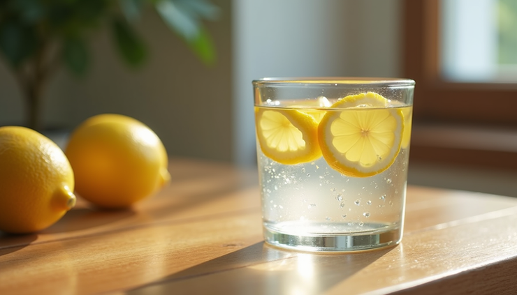 Close-up view of a glass of water with fresh lemon slices on a wooden table