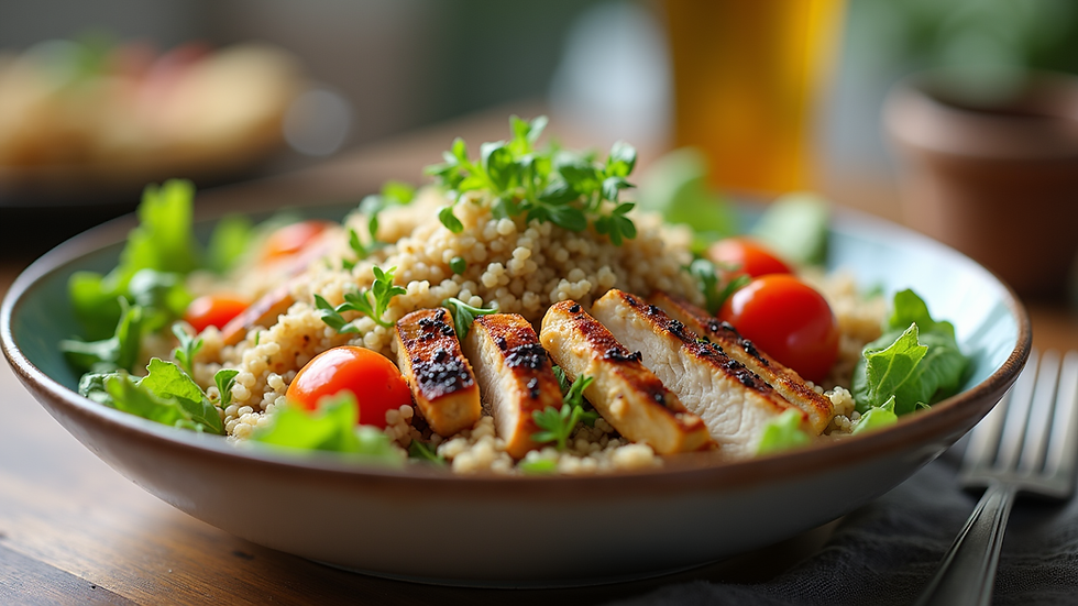 Eye-level view of a colorful bowl of fresh salad with grilled chicken and quinoa