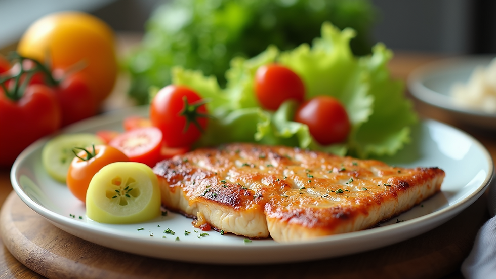 Close-up view of a colorful plate with vegetables and lean protein