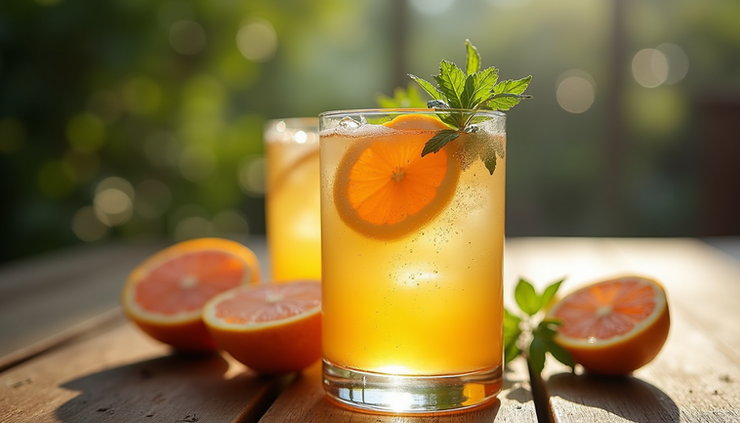 Eye-level view of a summer cocktail glass with fresh citrus and herbs on a wooden table