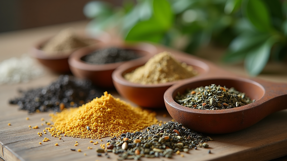 Eye-level view of a selection of herbal tea blends and ingredients