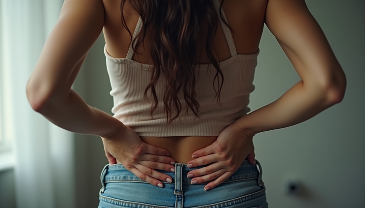 Close-up view of a woman holding her lower back, symbolizing fatigue and stress