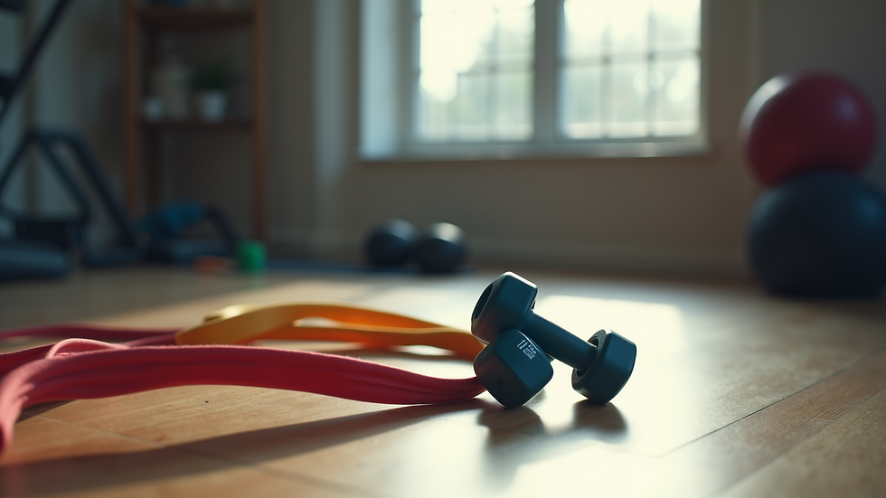 Close-up view of resistance bands and light weights on a wooden floor