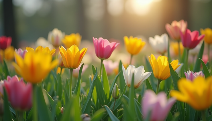 Eye-level view of a blooming garden with fresh spring flowers and green leaves