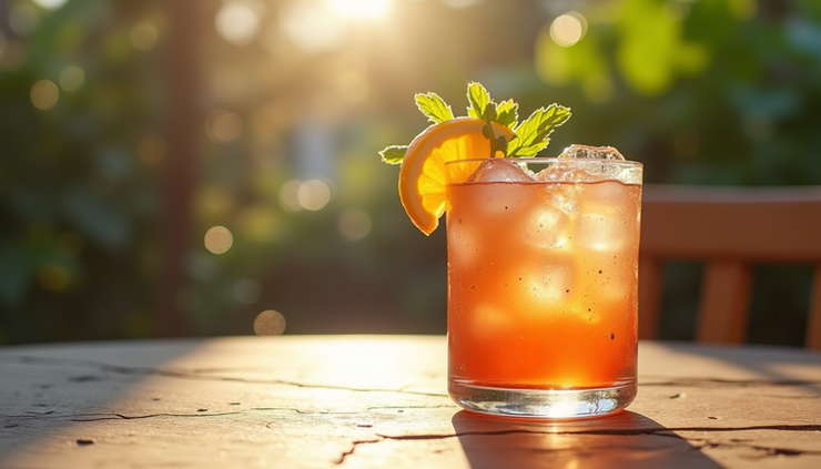 Eye-level view of a cold glass of iced cocktail on a wooden table outdoors