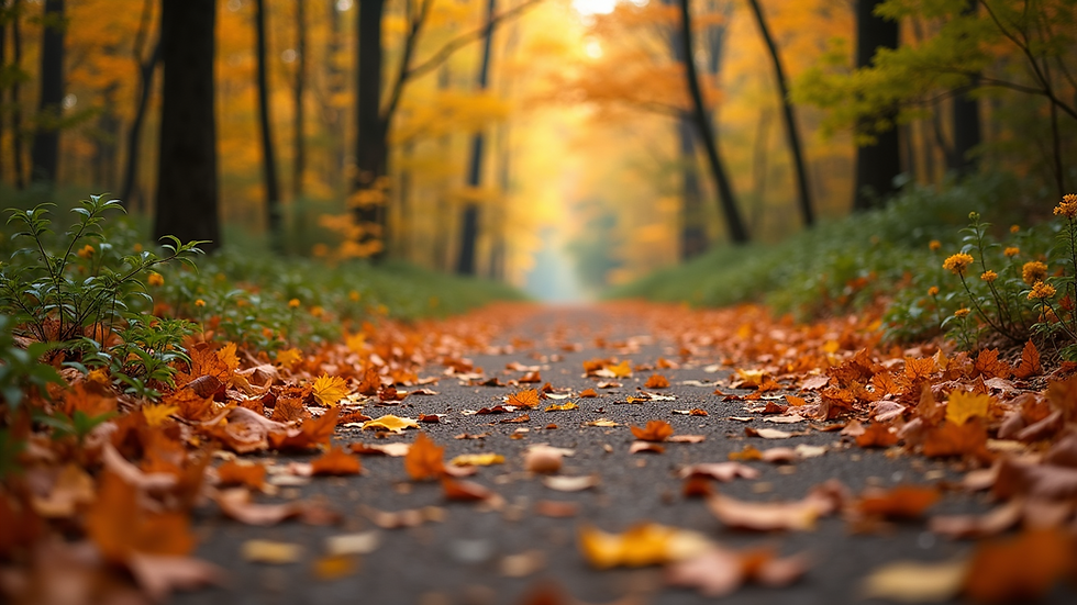 Eye-level view of a serene forest path lined with colorful autumn leaves