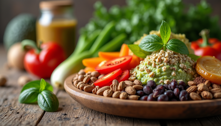Eye-level view of a balanced meal with fresh vegetables and nuts on a wooden table