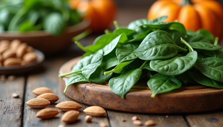 Close-up view of magnesium-rich foods including leafy greens, nuts, and seeds arranged on a wooden table
