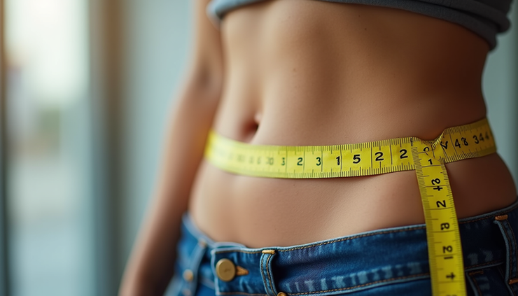 Eye-level view of a measuring tape wrapped around a waist showing reduced inches