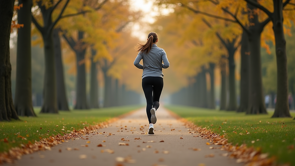 Eye-level view of a woman jogging in a park
