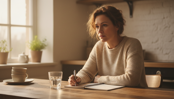Eye-level view of a tired woman sitting at a kitchen table with a glass of water and a notebook.