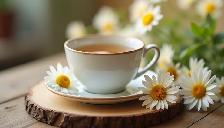 Close-up view of a cup of herbal tea with fresh chamomile flowers on a wooden table