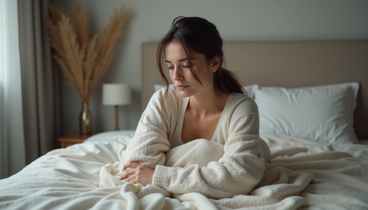 Eye-level view of a woman sitting on a bed with a light blanket, looking calm and relaxed