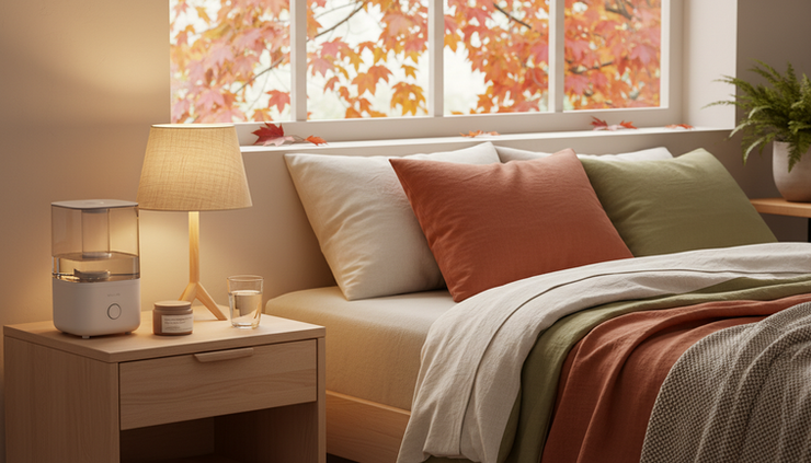 Wide-angle view of a cozy fall bedroom with a clean humidifier on a nightstand