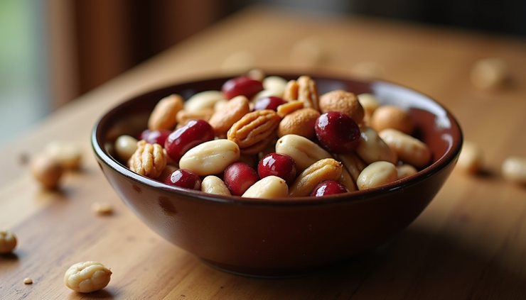 Close-up view of a bowl with mixed nuts and dried fruits on a wooden table