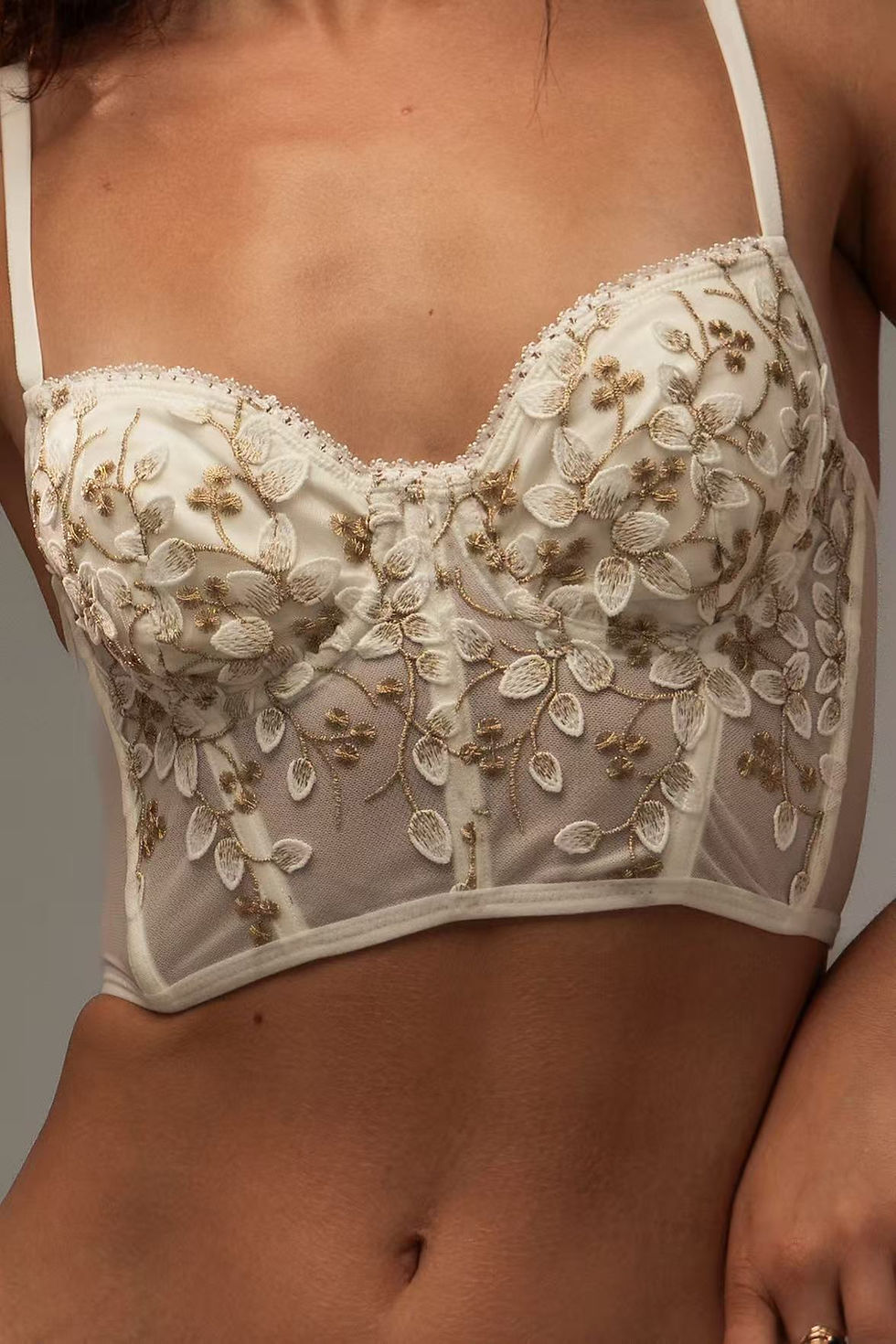 Close-up of Luna Lingerie Set embroidery detail on bustier top.