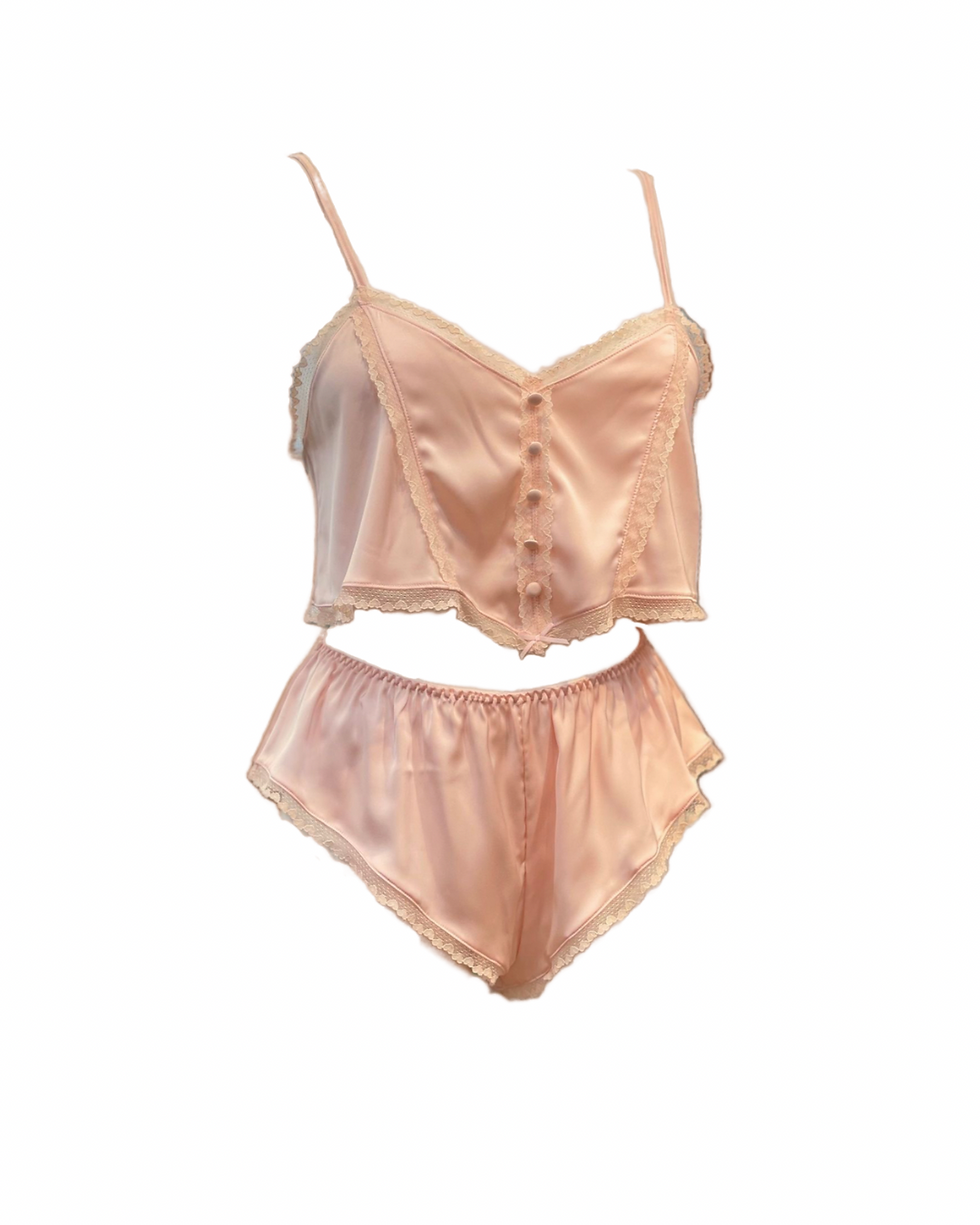 Peachy Glow Lingerie Set in soft satin with lace trim and button front.