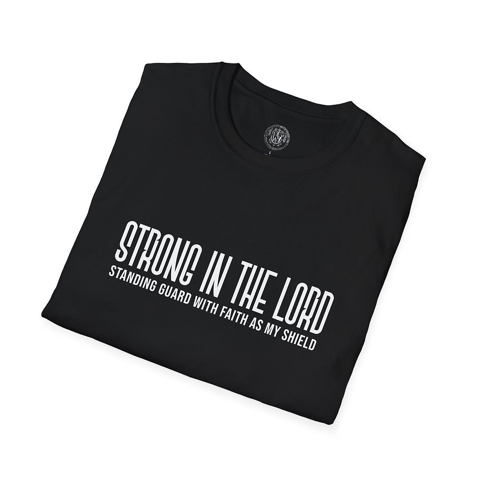 Thumbnail: Warriors Path black shirt with text “Strong in the Lord – Standing Guard with Faith as My Shield” design