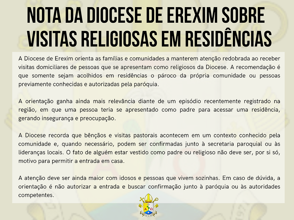 Nota da Diocese de Erexim sobre visitas religiosas em residências