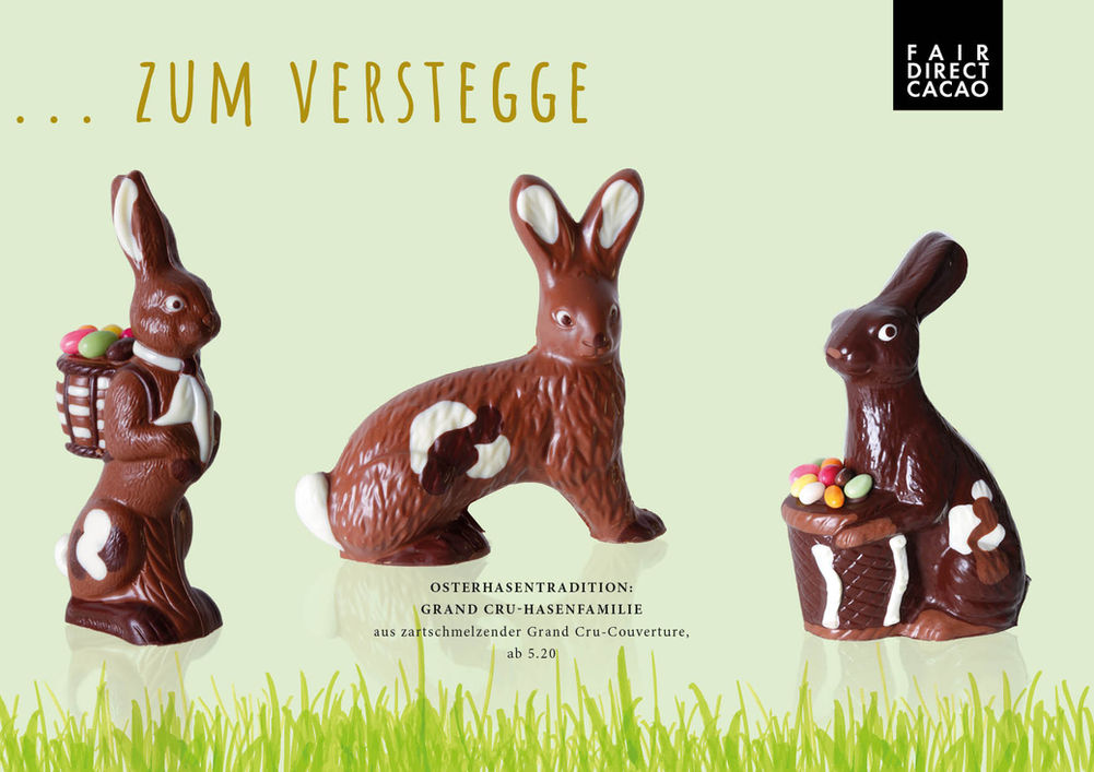 Osterhasentradition:
Grand Cru-Hasenfamilie
aus zartschmelzender Grand Cru-Couverture,
von Klein bis Gross
ab 5.20