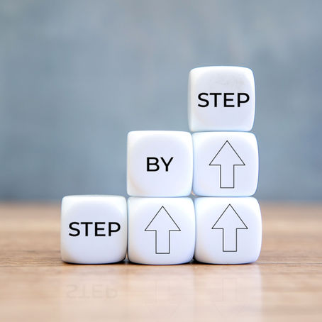 White blocks with the words step by step representing the business ownership and management process.