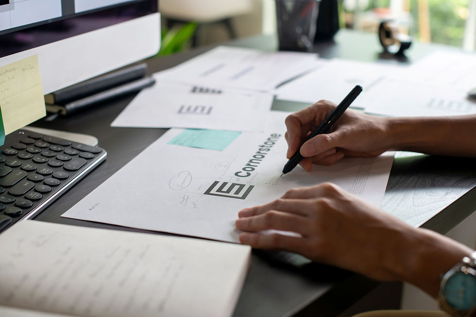 Close-up view of a modern logo design on paper and computer