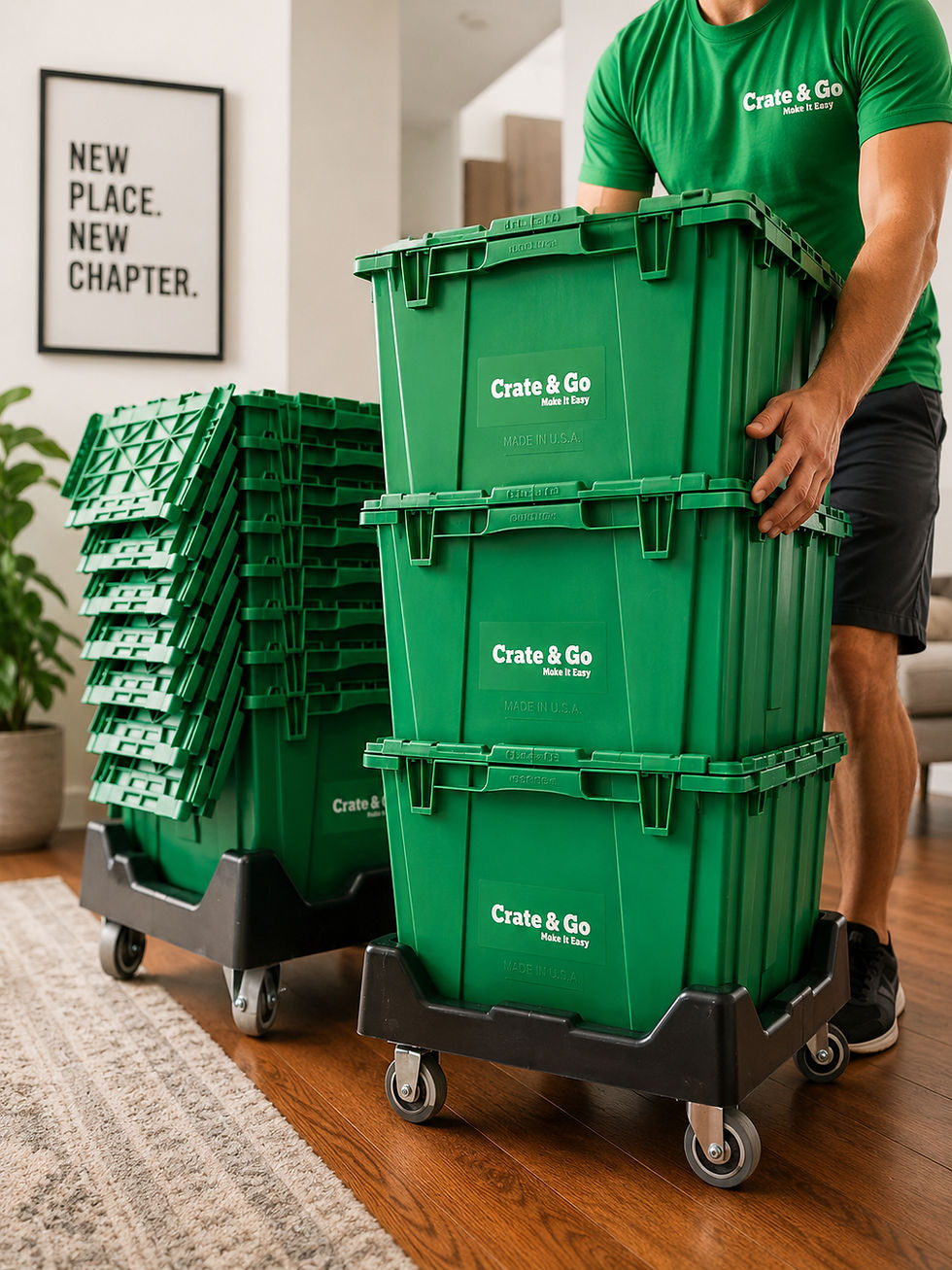 Person stacking green Crate & Go bins on dollies in a room. "New Place. New Chapter." sign in background. Cozy, organized setting.