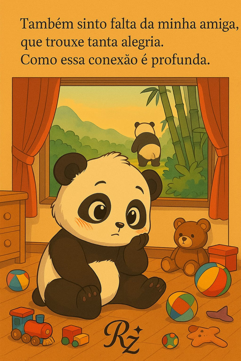Ilustração de um quarto infantil. Um panda filhote está sentado no chão entre brinquedos, com expressão triste e pensativa. Ao fundo, pela janela aberta, é possível ver outro panda caminhando entre bambus. Cortinas vermelhas emolduram a cena, enquanto um ursinho de pelúcia observa ao lado. A atmosfera transmite saudade e delicadeza.

