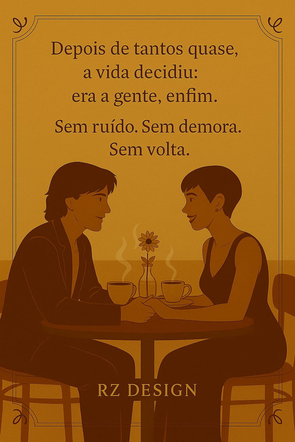 Ilustração em tons terrosos mostra um casal sentado frente a frente numa mesa de café, trocando olhares afetuosos e segurando as mãos. Entre eles, uma flor num vasinho e duas xícaras fumegantes. A frase ao topo diz: “Depois de tantos quase, a vida decidiu: era a gente, enfim...”. A imagem transmite a ideia de encontro verdadeiro e cumplicidade.