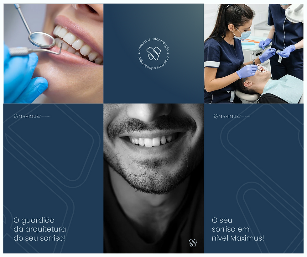 Mosaico odontológico em tons de azul com fotos de sorrisos e atendimento clínico
