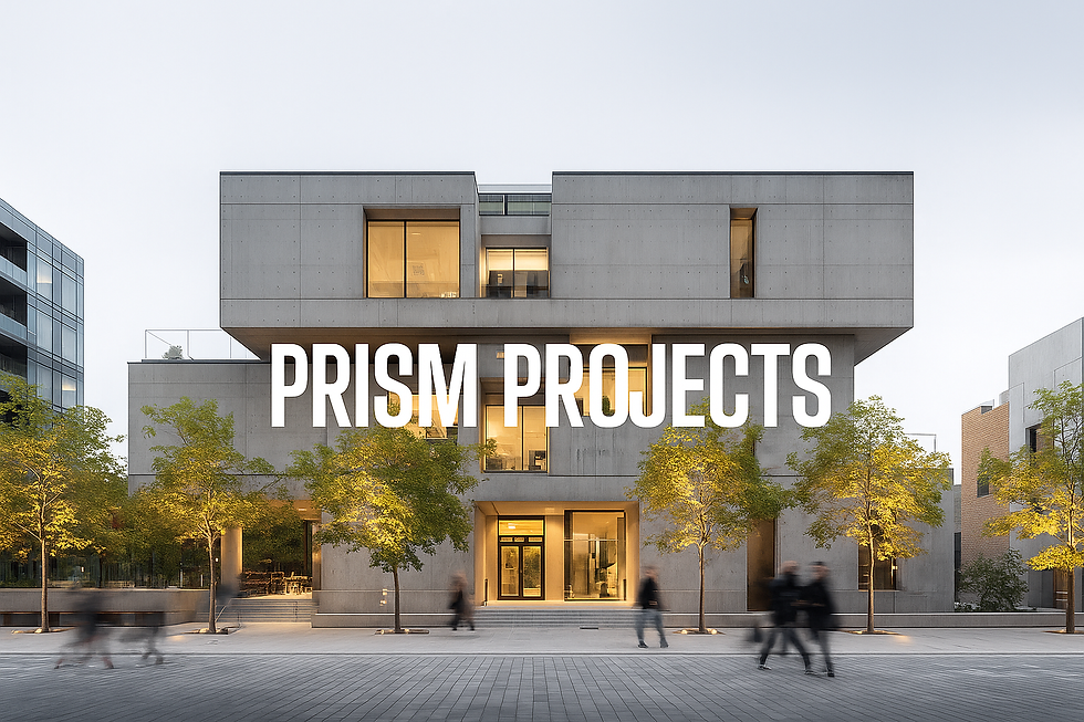 Modern kantoorgebouw met PRISM PROJECTS in grote letters op de voorgevel.