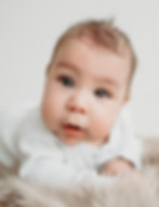 Six month old baby laying on its belly during milestone children portrait session in the studio